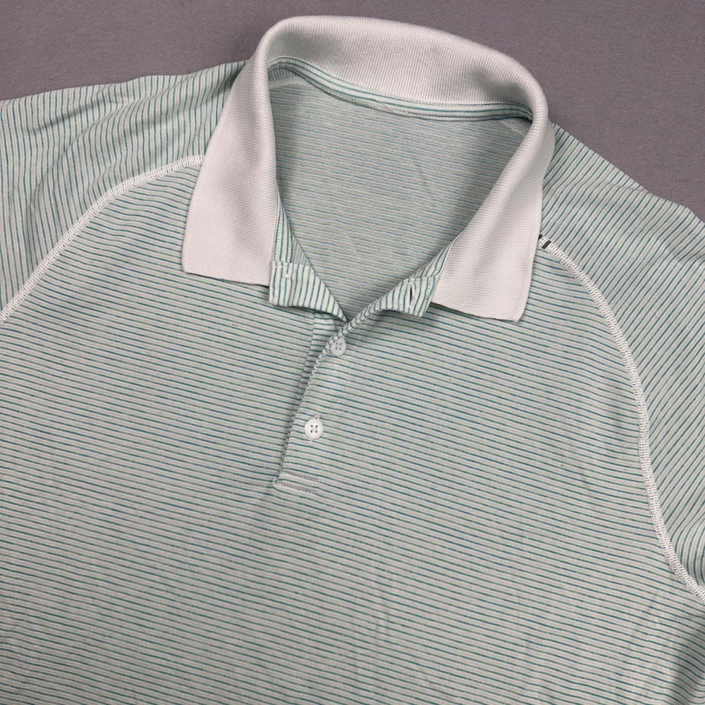 Lululemon Metal Vent Tech Polo Mens Large Mint Green White Stripe Short Sleeve